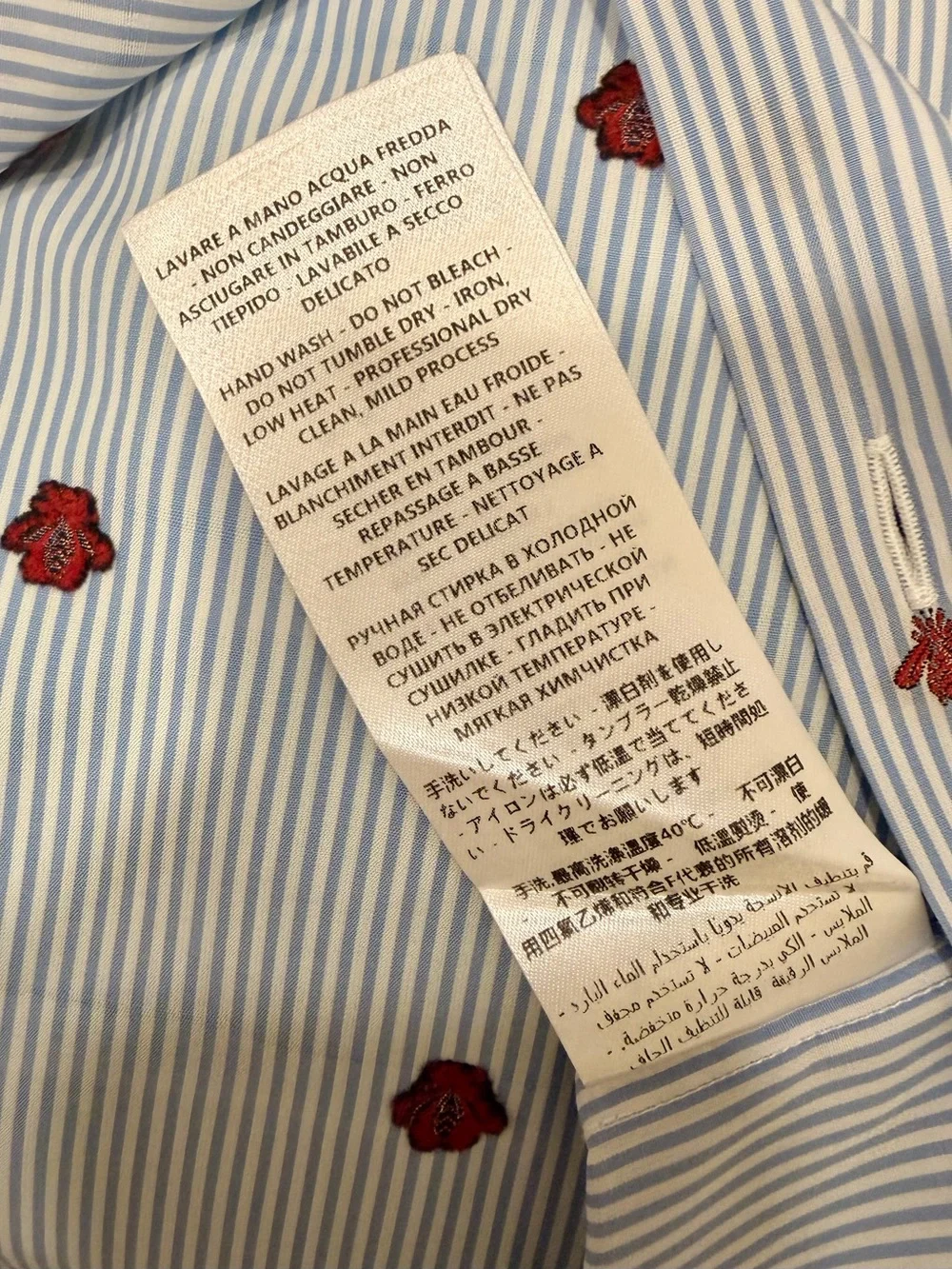 Gucci Light Blue Striped Dress Shirt with White Collar and Bee Embroidery